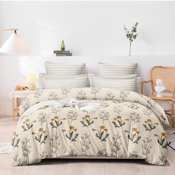 Microfiber All Weather Reversible Queen Comforter Ivory Floral Blossom Pattern - Picture 1 of 4